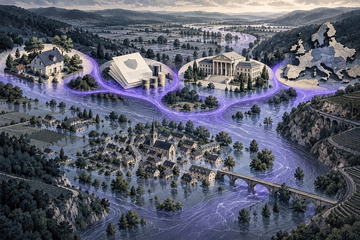 Illustration of homes, insurance, public institutions and a map connected by floodwater across a European valley